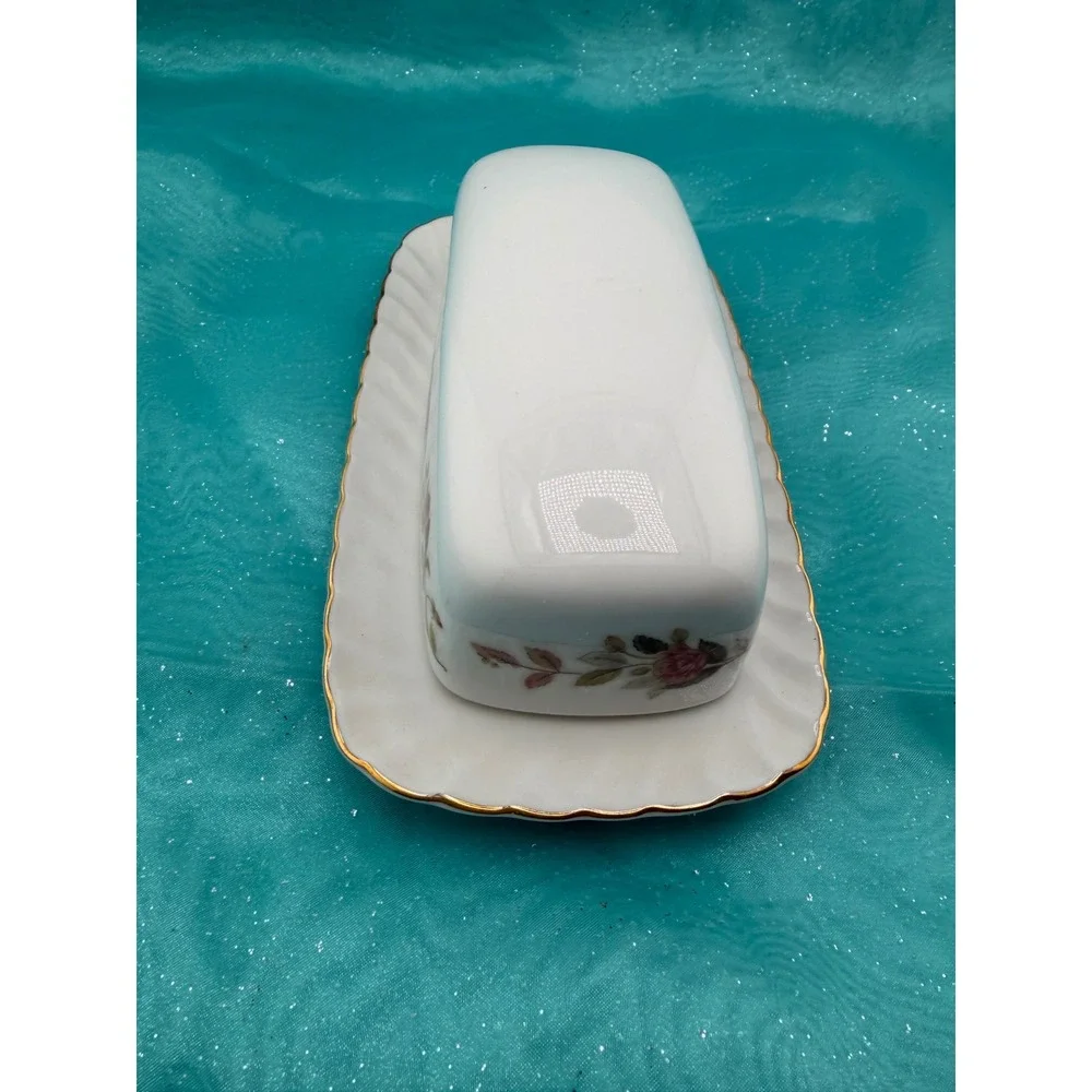 Creative Fine China Antique Rose Butter Dish with Lid 2345 Japan Gold Trim White